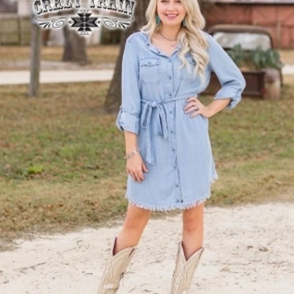 NWT Lightweight Chambray Denim Raw Hem Belted Button-down Dress - Picture 1 of 4